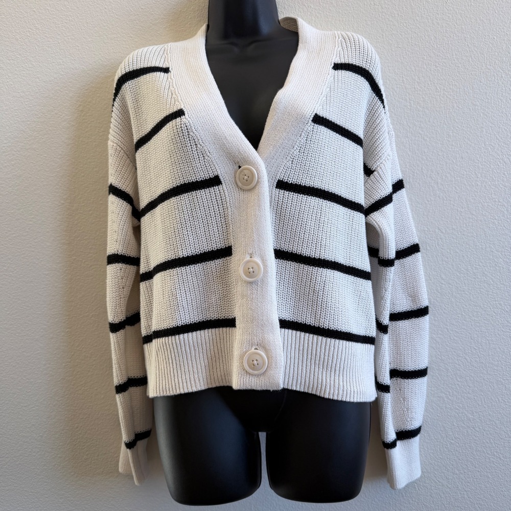 Universal Thread Women Small White Black Striped Cotton Shaker Knit Cardigan NEW
